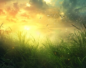 Sunrise over a Field of Dewy Grass