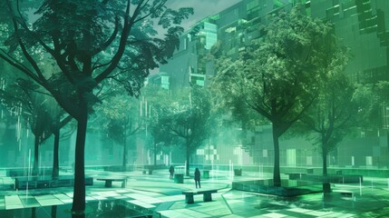 Fototapeta premium Ethereal Oasis - Tranquil Park with Holographic Trees and Benches in Futuristic Digital Painting with Soft Green and Blue Hues