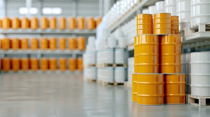 Close-up of toxic chemical barrels stacked in a storage area, highlighting hazardous waste management practices, free space for text.