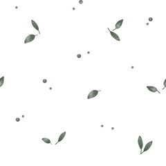 Simple minimalistic repeating seamless pattern of green leaves. Hand drawn illustration scandinavian leafs on isolated background.