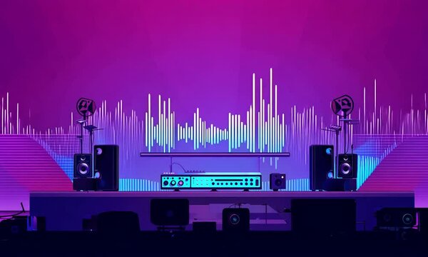 A vector graphic depicting a concert stage with speakers, amplifiers and a microphone