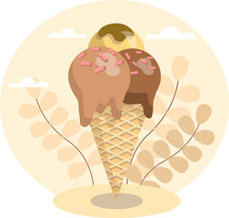 Delicious ice cream cone melting on sunny day with clouds and leaves