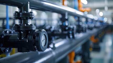 Fototapeta premium PVC pipeline an industrial city water treatment boiler room. Valves and pipe conections