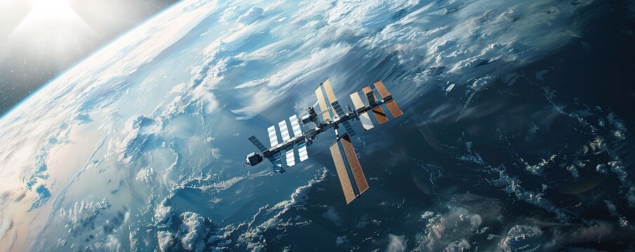 A satellite hovering above the earth's surface with a beam of light from the side