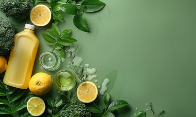 cleaning products set on green background house cleanup housekeeping concept flat lay top view