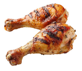 Two perfectly grilled chicken legs, isolated on a transparent background.