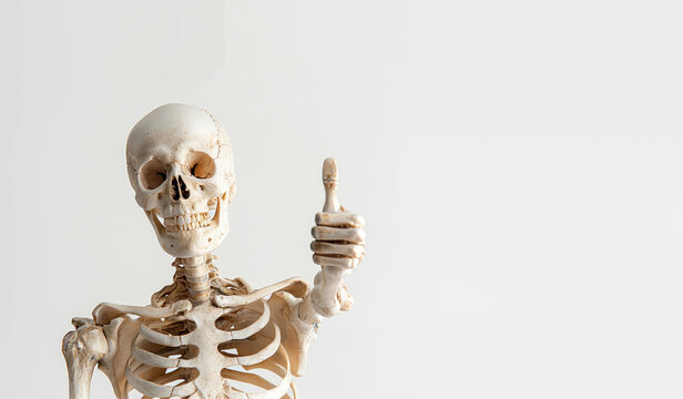 A skeleton giving a thumbs up gesture, isolated on a white background.