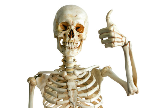 A skeleton showing a thumbs up gesture, isolated on a transparent background.