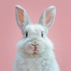Obraz premium Portrait of a white cute rabbit with surprised expression on a pink background,surprised looking rabbit