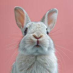Obraz premium Portrait of a white cute rabbit with surprised expression on a pink background,surprised looking rabbit