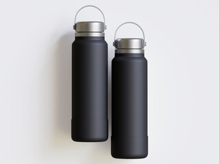 Black reusable water bottle realistic render on gray background