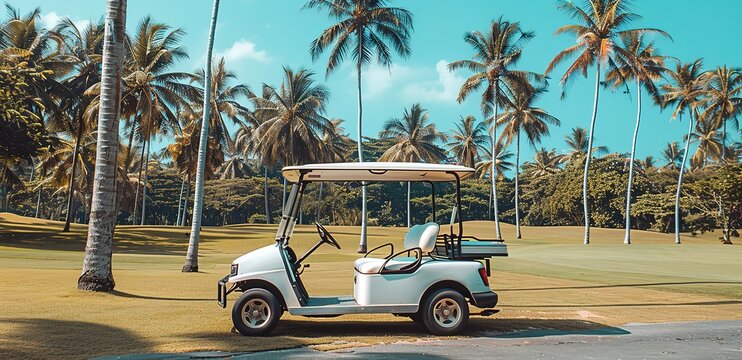 A white golf cart in a coconut tree park