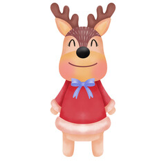 Smiling Reindeer in Red Winter Coat, Christmas Cartoon Drawing.

