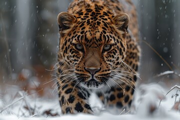 Obraz premium An Amur leopard stealthily moving through a snowy forest, its spotted coat providing perfect camouflage