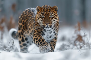 Obraz premium An Amur leopard stealthily moving through a snowy forest, its spotted coat providing perfect camouflage