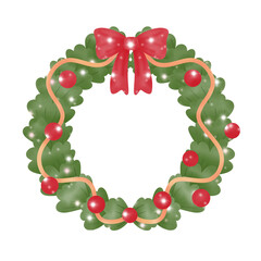 Festive Christmas Wreath with Holly Berries and Pine Illustration.