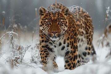 Obraz premium An Amur leopard stealthily moving through a snowy forest, its spotted coat providing perfect camouflage