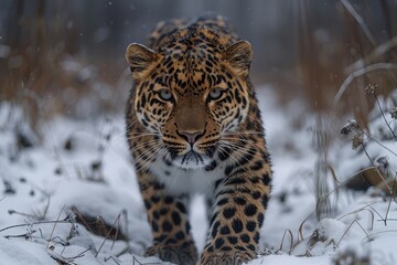 Fototapeta premium An Amur leopard stealthily moving through a snowy forest, its spotted coat providing perfect camouflage