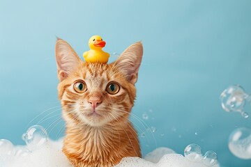 ginger cat with small yellow rubber duck on head on blue background with soap foam and bubbles
