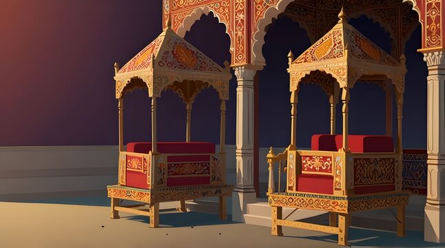 Indian Mughal Palki (Palanquin) colorful vector illustration for weeding invitation.generative.ai