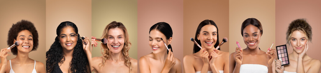 Seven diverse women are shown applying makeup to their faces with brushes and a palette. They are...