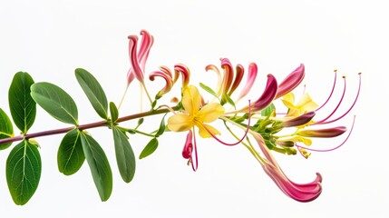 Fototapeta premium Blooming honeysuckle lonicera periclymenum branch with pink and yellow flowers and green leaves on a white background