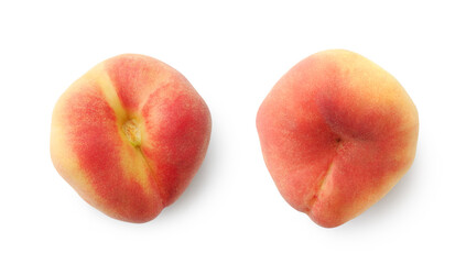 Ripe flat peaches or doughnut peach isolated on white background top view   