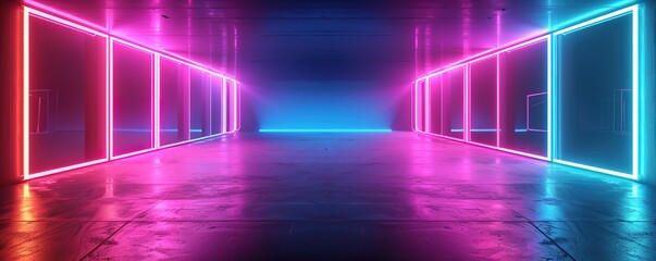 An empty tunnel background with neon lights burning with a futuristic concept