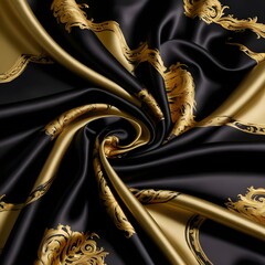 Black and gold silk satin fabric abstract background. AI Generated