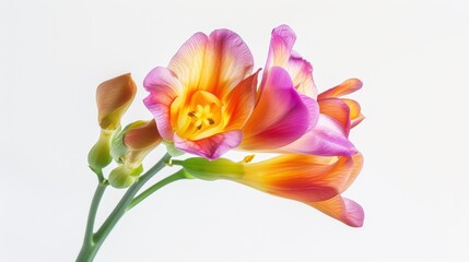 Stunning freesia flowers displaying a gorgeous yellow to pink gradient color as they bloom