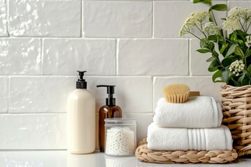 A bottle of soap is placed next to a neatly stacked pile of folded towels.