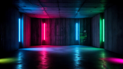 Fototapeta premium Concrete room with colorful neon lights, Room with glowing blue red green neon lights on a dark background