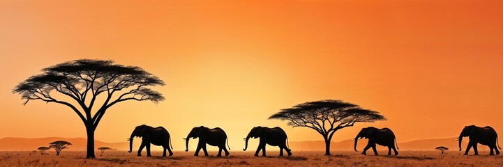 Fototapeta premium sunset scene featuring a herd of elephants walking across a grassy plain under the setting sun.