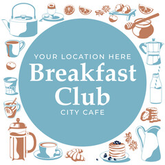 Square and round set of traditional breakfast. Blue and brown colors. Vector flat illustration. Cafe and restaurant menu.