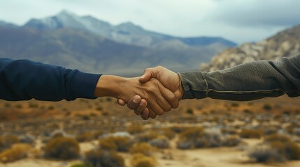Two people shaking hands with mountains in the background