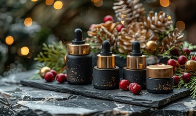face skin care beauty products set luxury black obsidian facial massage roller guasha serum essential oil cream,golden branches on stone table