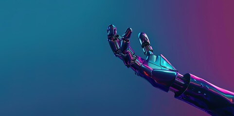 A robot hand looking up on a purple-blue background