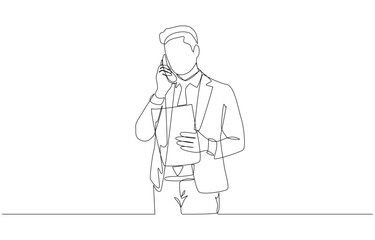 Continuous one line drawing of businessman holding document and making phone call, business communication concept, single line art.
