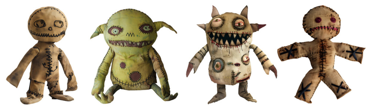 Set collection of scary patchwork funny monster and voodoo rag doll puppet on transparent background cutout PNG file. Many different assorted style. Mockup template for design.

