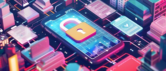 Abstract illustration of a smartphone with a padlock icon on a digital network.