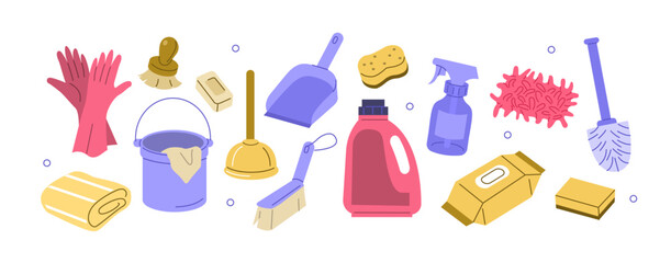 Household clean up tools set. Collections of chemical detergents, plunger, brush and other types of cleaning supplies. Vector illustration.