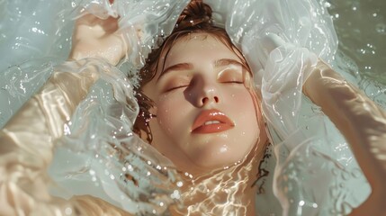 A beautiful woman lies in the water, her head is covered with transparent fabric and hair bun on top of it