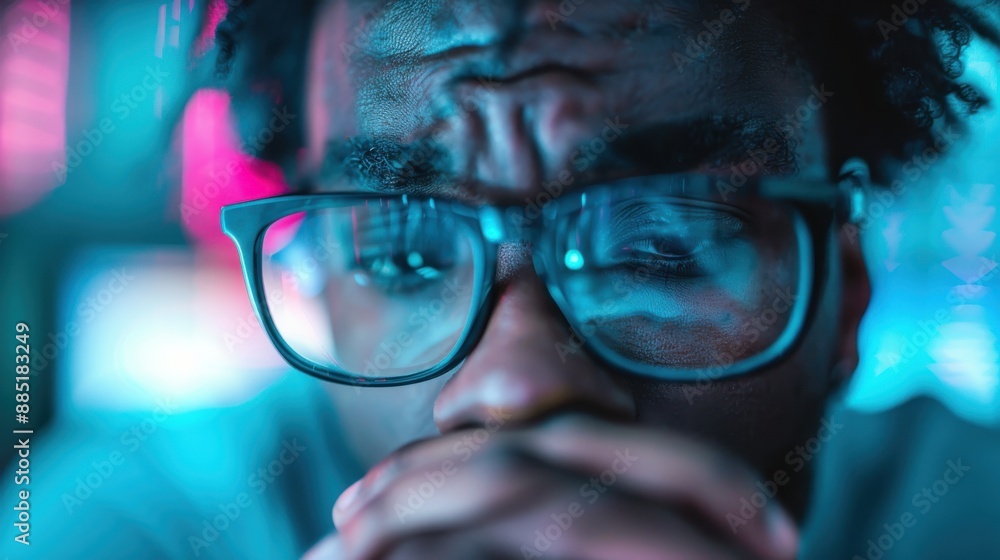Poster a person wearing glasses is standing in a setting illuminated by vibrant neon lights, creating a fut