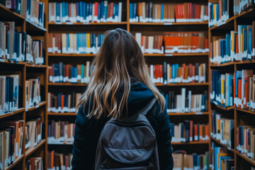 Back view of a girl surrounded by books in the library. Knowledge, education, and learning concept