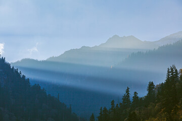 Sunrise over the mountains in Jiuzhaigou national park, Sichuan province China