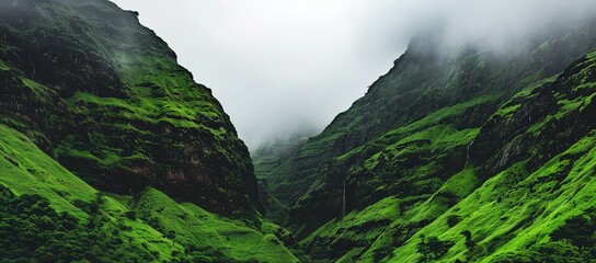 Photo of a misty green hill valley