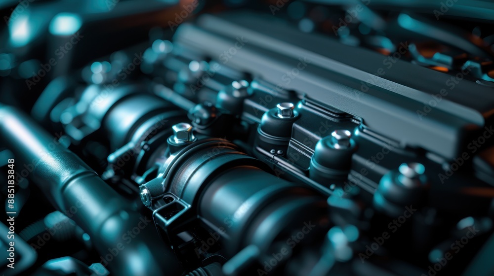 Poster a detailed and close-up image of an engine compartment showcasing the intricate parts and complex en
