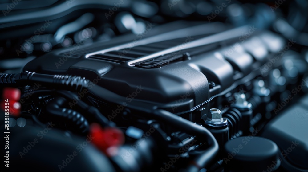 Poster A close-up view of a powerful automotive engine, highlighted in a detailed image that showcases the precision, components, and technological complexity of modern vehicle engineering.