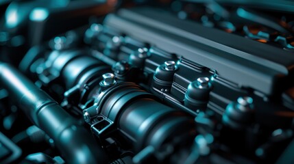 Naklejka premium A detailed and close-up image of an engine compartment showcasing the intricate parts and complex engineering involved in automotive machinery and mechanics.