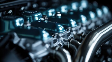Fototapeta premium Close-up focus on the detailed components of an automotive engine, showcasing the engineering precision, intricate design, and mechanical prowess involved in modern vehicles.